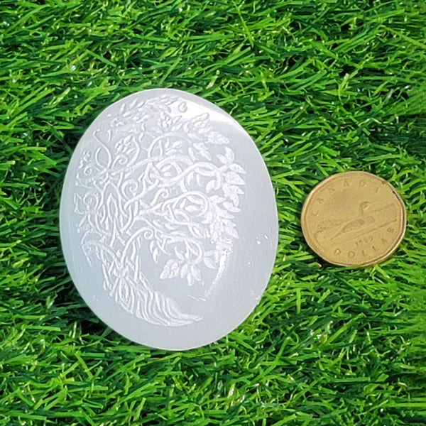 Palm Stone - Selenite with etched Tree of Life (Medium)