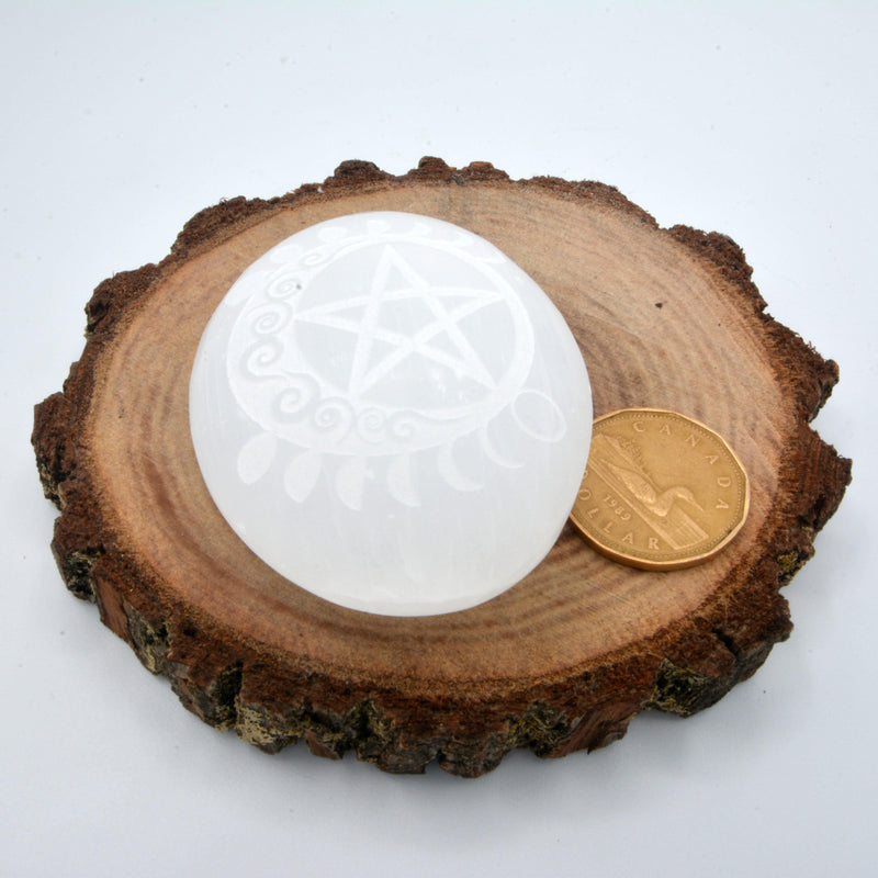 Palm Stone - Selenite with etched Pentacle and Moon Phases (Medium)-Crystal/Stones-Kheops-The Bat Witch Cavern