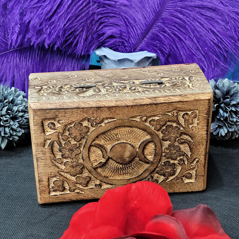 Wood Carved Box - Triple Moon 4" x 6"
