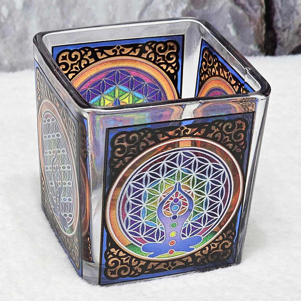 Handcrafted Chakra Square Glass Votive Holder - 3" Tall
