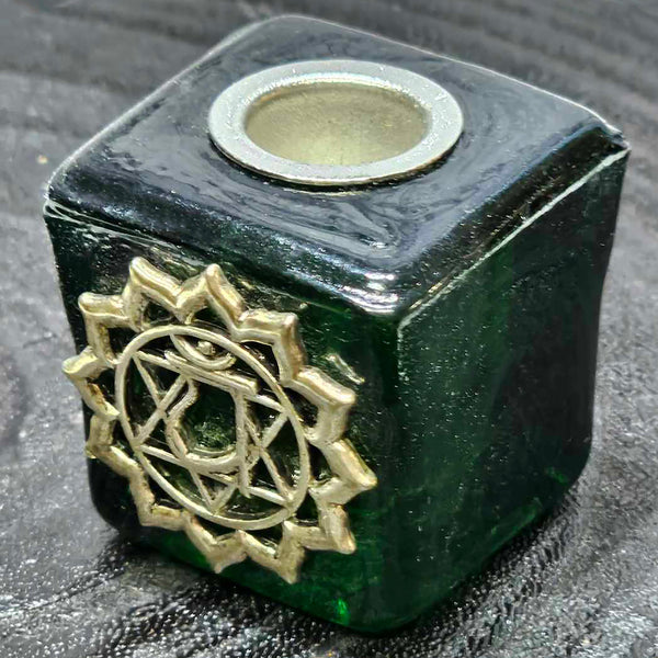 Mini/Ritual Candle Holder - Square Glass Green (Chakra Charm)