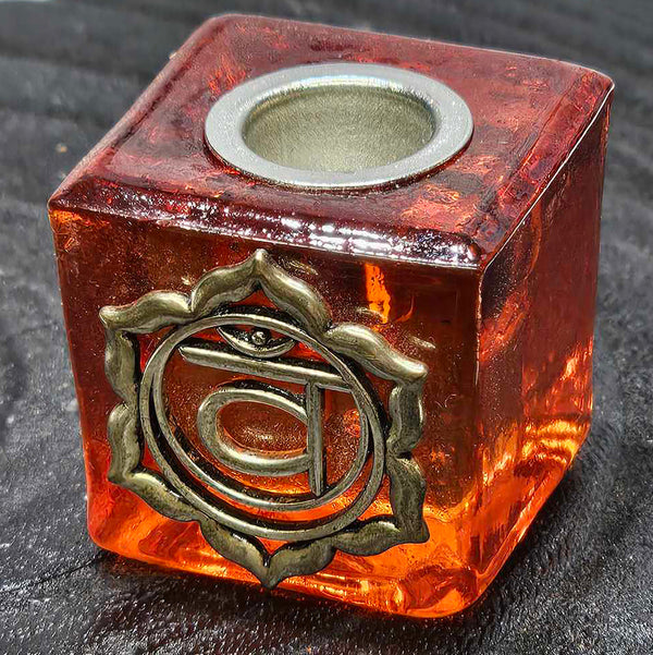Mini/Ritual Candle Holder - Square Glass Orange (Chakra Charm)