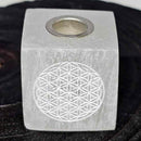 Sélénite Rituel/Mini Bougeoir 1,25" Carré avec Gravure Fleur de Vie