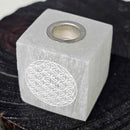 Sélénite Rituel/Mini Bougeoir 1,25" Carré avec Gravure Fleur de Vie