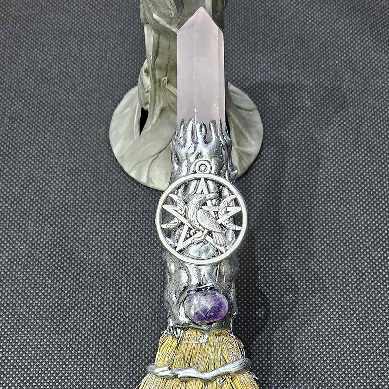 Talisman - Gemstone Broom Rose Quartz with Raven - 8" long