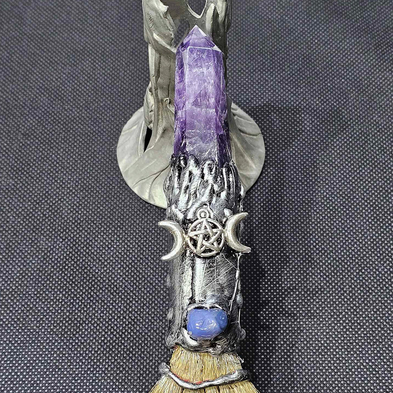 Talisman - Gemstone Broom Amethyst with Triple Moon Goddess - 8" long