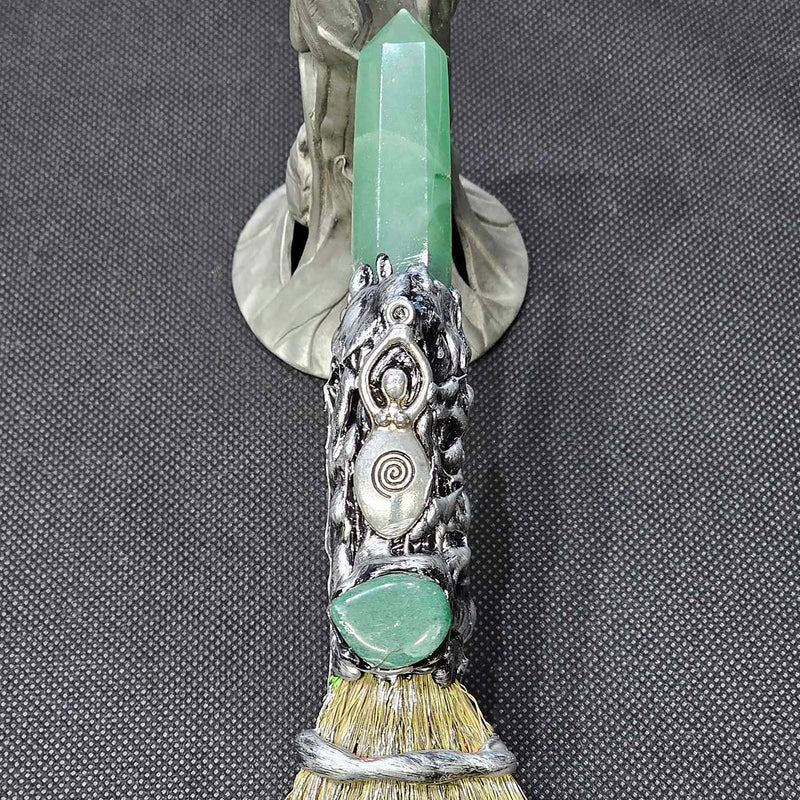 Talisman - Gemstone Broom Green Aventurine with Spiral Goddess - 8" long