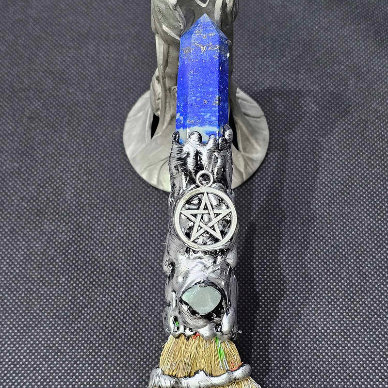 Talisman - Gemstone Broom Lapis Lazuli with Pentacle - 8" long