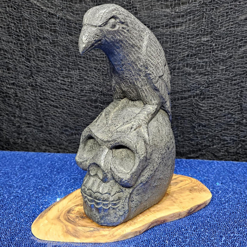 Volcanic Stone Raven on Skull Statue - 9.75" High