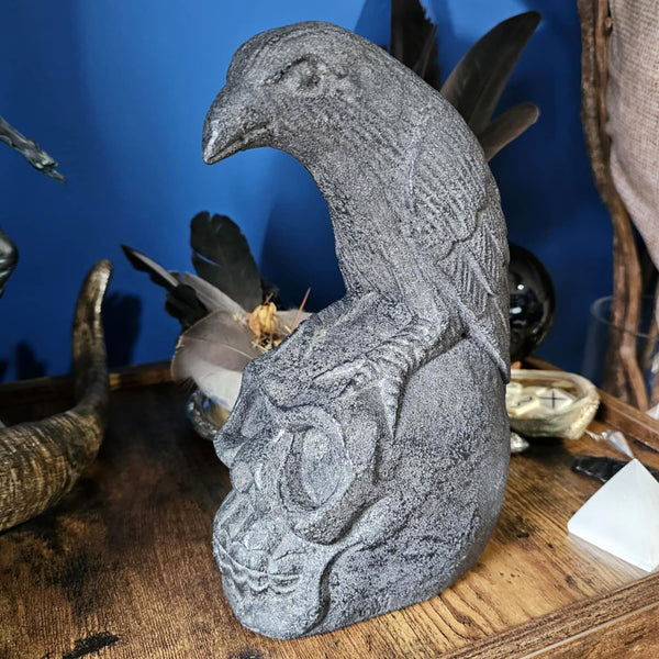 Volcanic Stone Raven on Skull Statue - 9.75" High