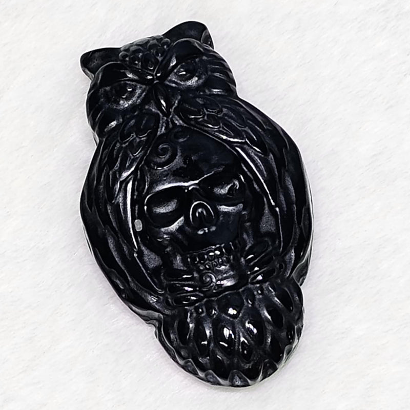 Owl with Skull - Black Obsidian 2"