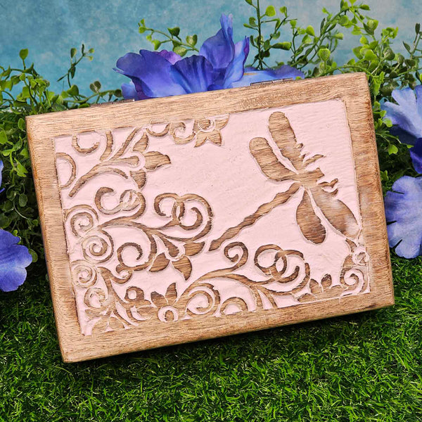 Wood Lined Box - Carved Dragonfly 5" x 7"