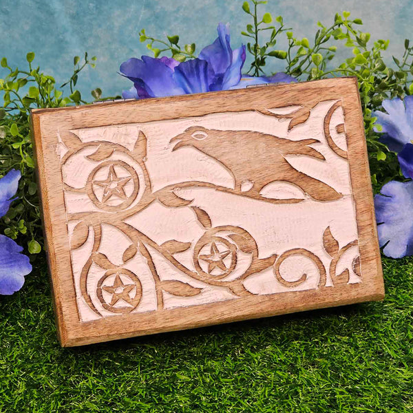 Wood Lined Box - Carved Raven 5" x 7"