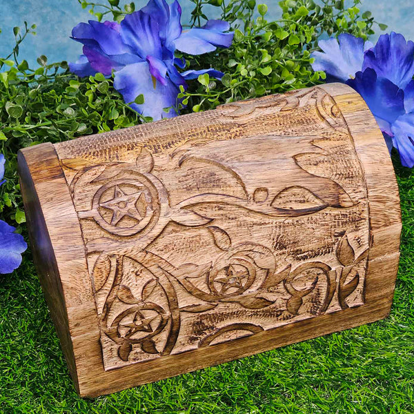 Wood Carved Treasure Chest - Raven 7.5" x 4.75"