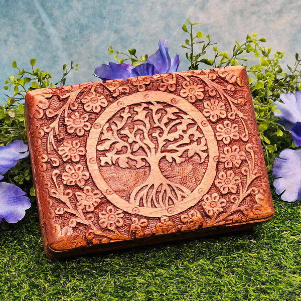 Wood Lined Box - Carved Tree of Life 5" x 7"