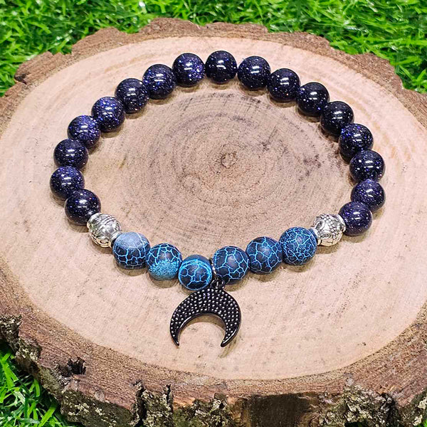 Bracelet - 8mm Beads - Blue Goldstone/ Cracked Agate and Moon Charm