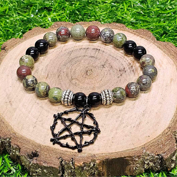 Bracelet - 8mm Beads - Dragon stone/ Obsidian and Pentacle Charm