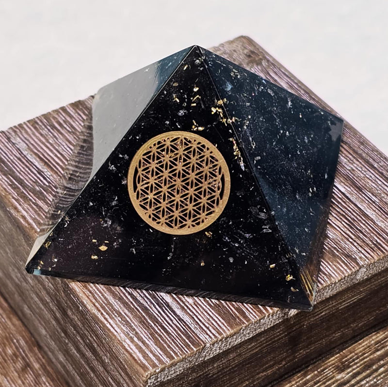 Pyramid - 50-60mm - Orgone Black Tourmaline W/ Flower of Life