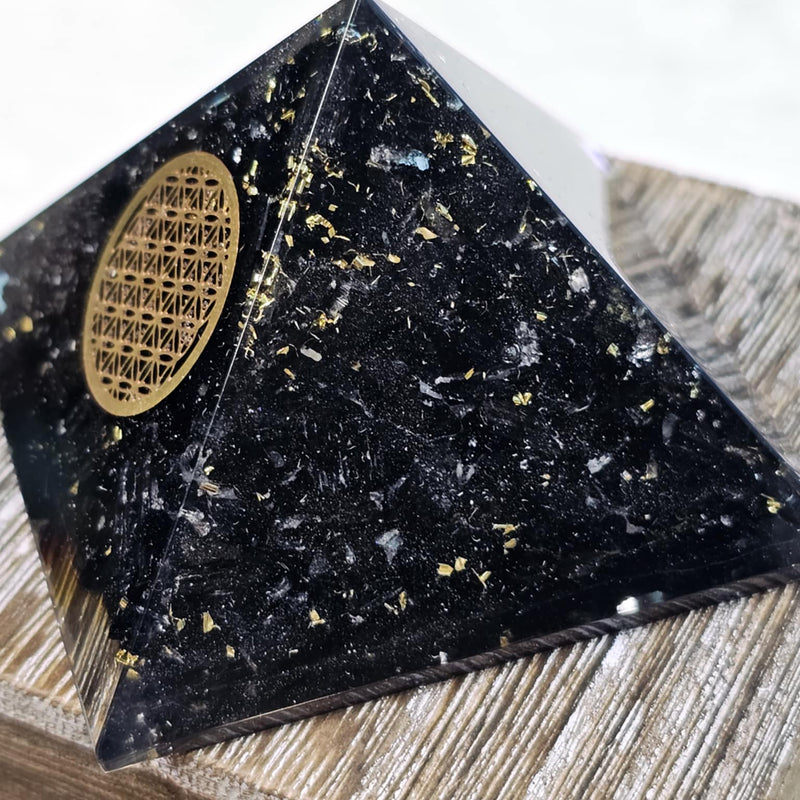 Pyramid - 50-60mm - Orgone Black Tourmaline W/ Flower of Life