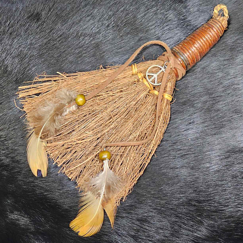 Talisman - Hanging Broom with Peace charm and Feathers - 8" long