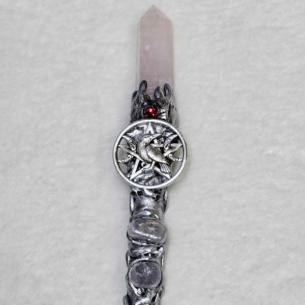 Wand - Rose Quartz Point with Raven - 10"