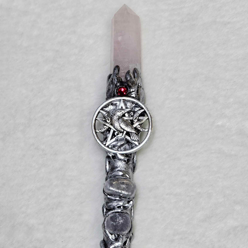 Wand - Rose Quartz Point with Raven - 10"