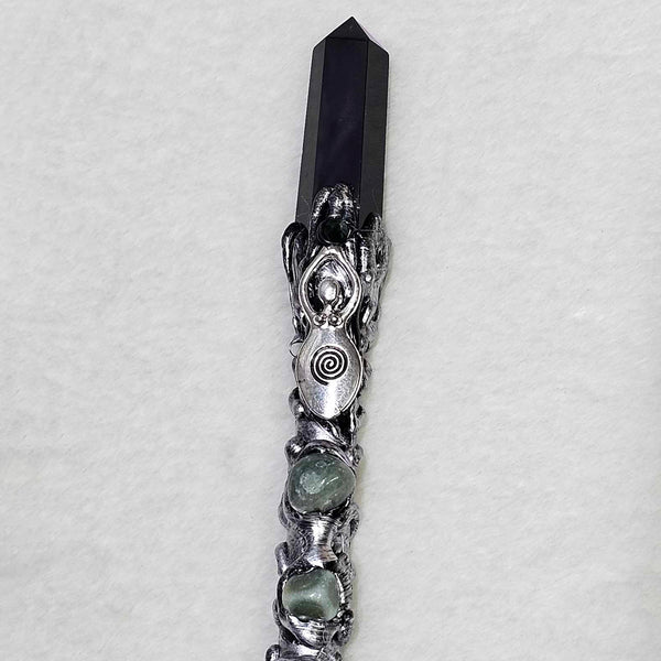 Wand - Black Obsidian Point with Spiral Goddess - 10"