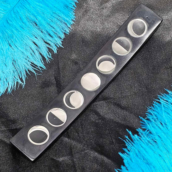Soapstone Incense Holder - Black with Silver Moon Cycle 10"