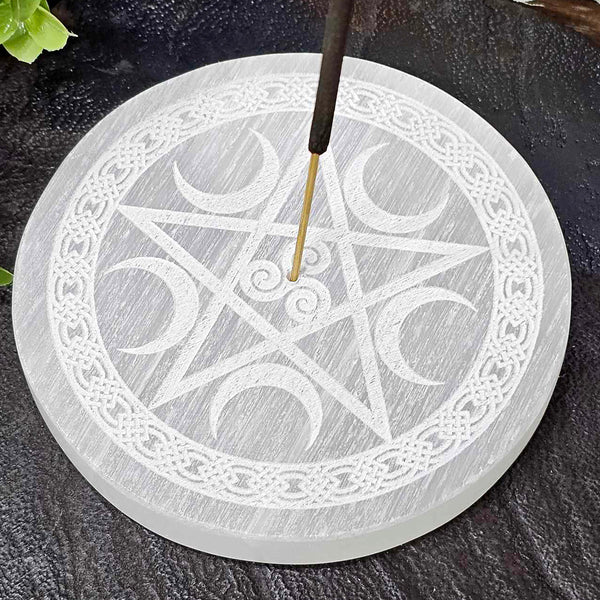 Round Selenite Incense Holder - Etched Pentacle - sticks