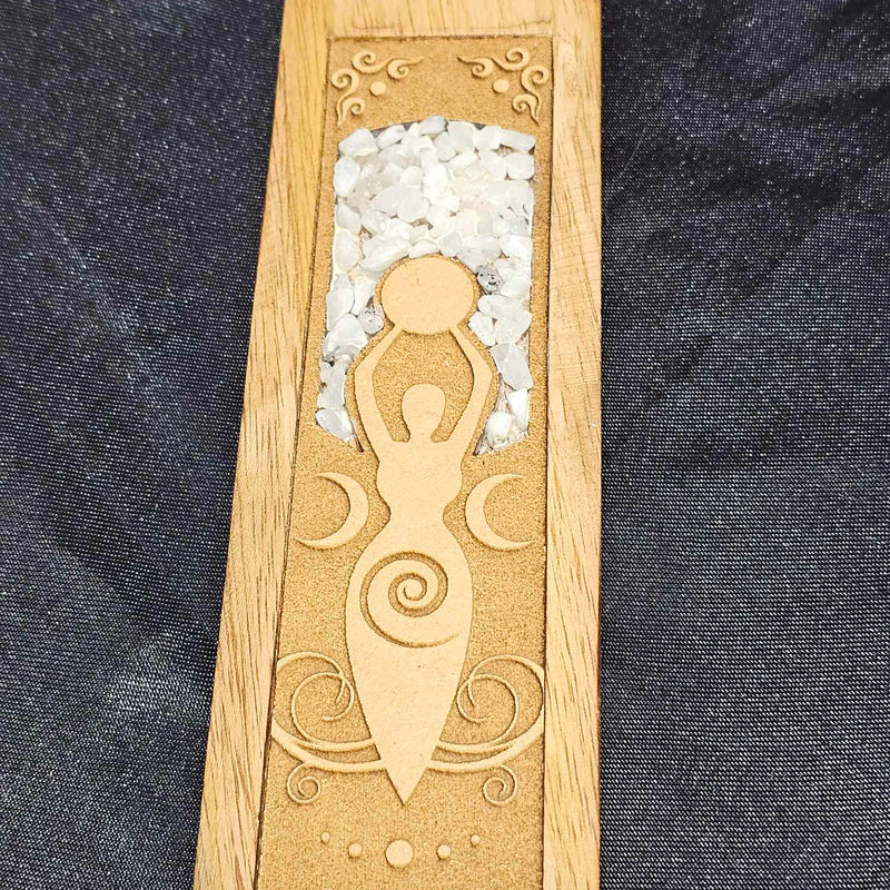Wood Incense Holder - Moon Goddess w/Moonstone Inlay 10"