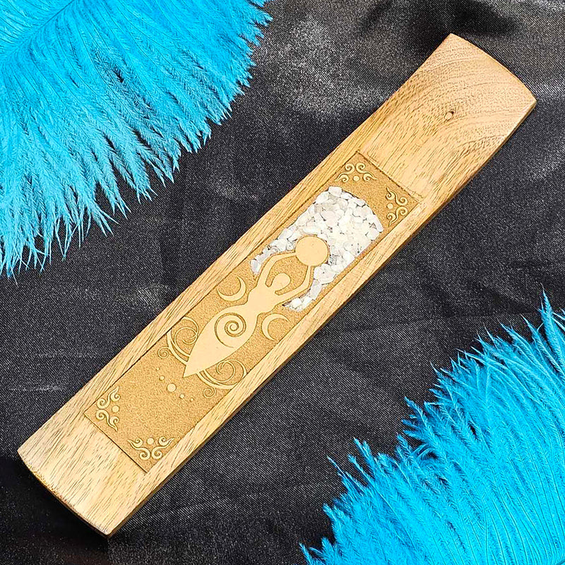 Wood Incense Holder - Moon Goddess w/Moonstone Inlay 10"