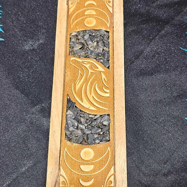 Wood Incense Holder - Wolf w/Black Onyx Inlay 10"