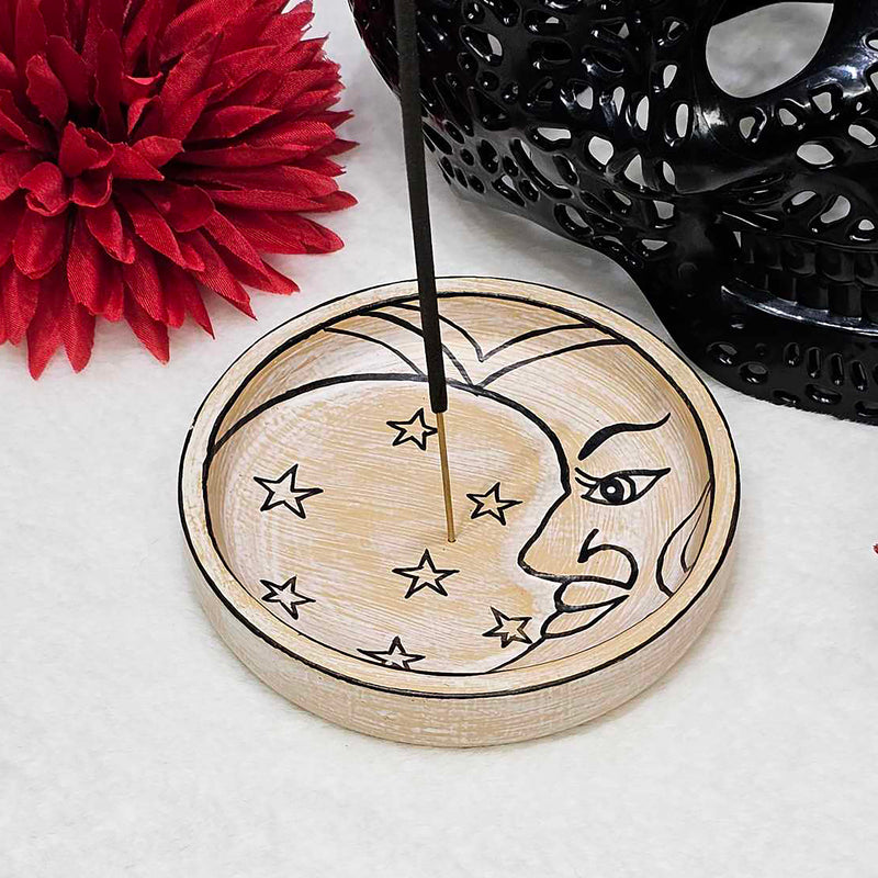 Wood Incense Holder - White Washed Moon Bowl