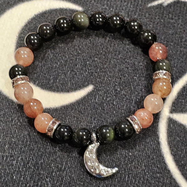 Bracelet - 8mm - Rainbow Obsidian & Strawberry Quartz w/ Moon Charm