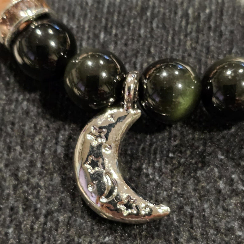 Bracelet - 8mm - Rainbow Obsidian & Strawberry Quartz w/ Moon Charm