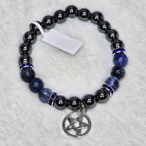 Bracelet - Perles 8mm - Agate Noire avec Charme Pentacle