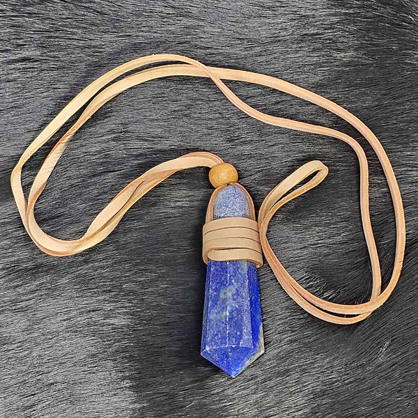 Faceted Point Leather Wrap Lapis Lazuli Necklace - 1"-1.75"
