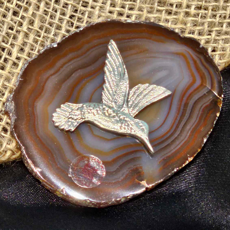 Agate Slice with Pewter Hummingbird Charm