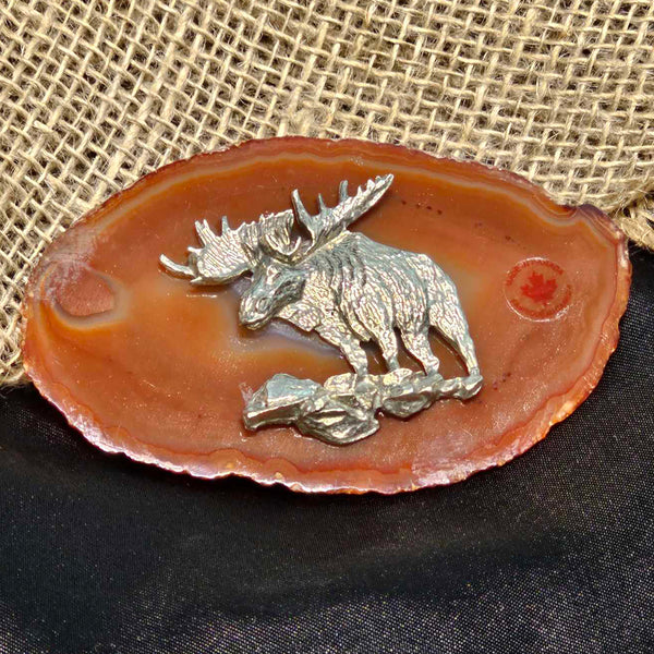 Agate Slice with Pewter Moose Charm