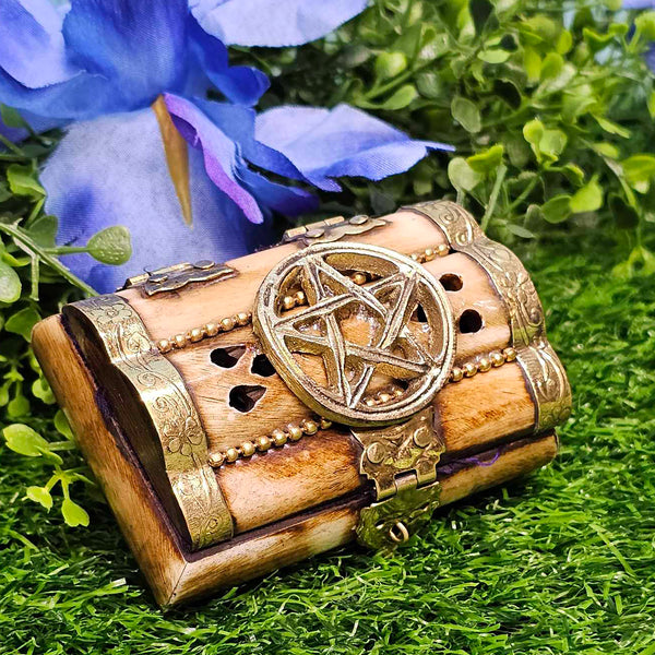 Wood Carved Treasure Chest - Pentagram 3" x 2"
