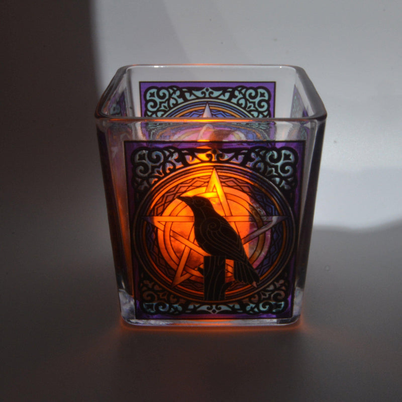 Handcrafted Raven Square Glass Votive Holder - 3" Tall-Candles-Kheops-The Bat Witch Cavern
