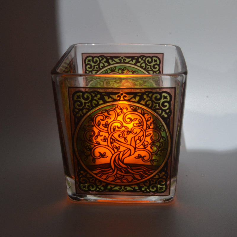 Handcrafted Tree of Life Square Glass Votive Holder - 3" Tall-Candles-Kheops-The Bat Witch Cavern