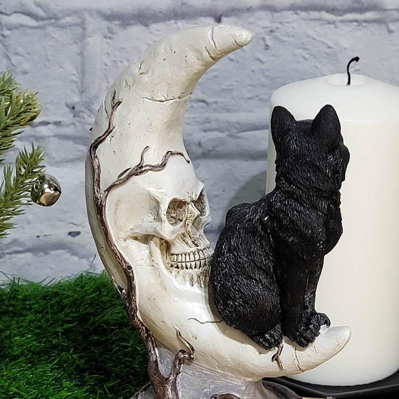 Statue de chat noir sur crâne et lune (7,28 po de hauteur)