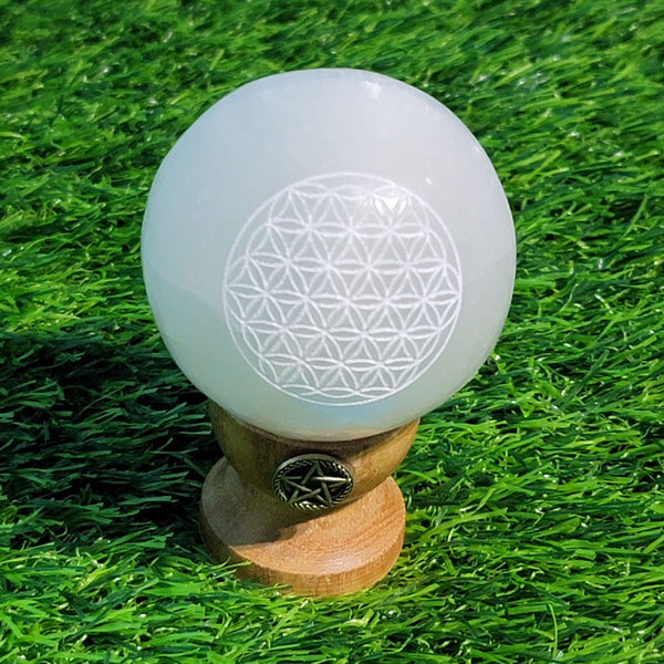 Sphere - Selenite with etched Flower of Life 2"
