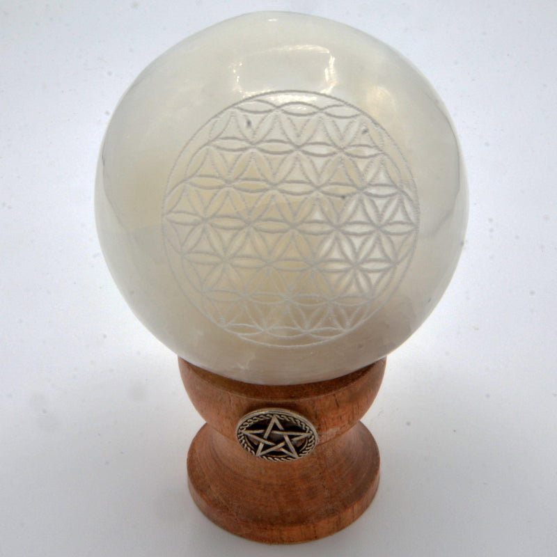 Sphere - Selenite with etched Flower of Life 2"-Crystal/Stones-Kheops-The Bat Witch Cavern