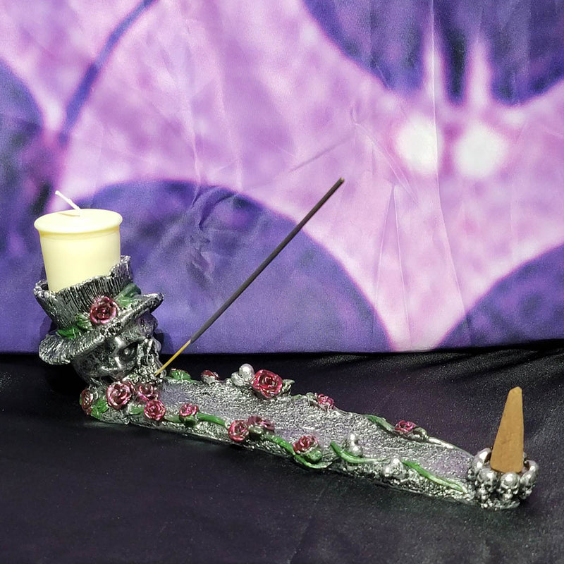 Skull with Roses Incense Holder and T-Lite / Votive Holder - Cones / Sticks