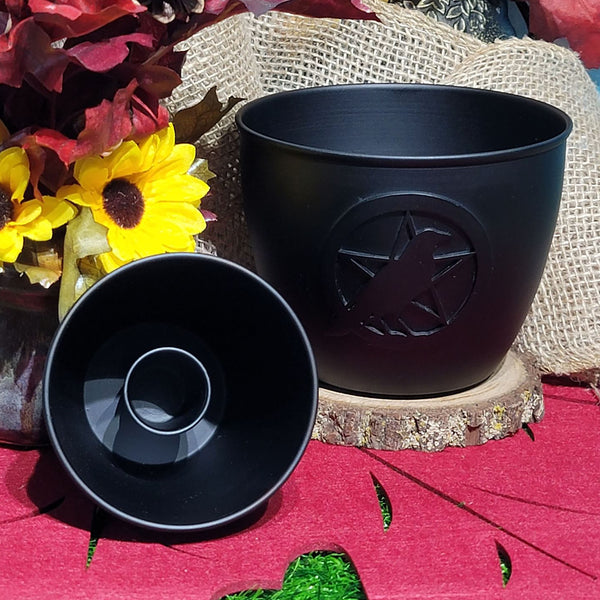 Smoke Cleansing Pot - Cast Iron Raven & Pentacle 5" x 4"