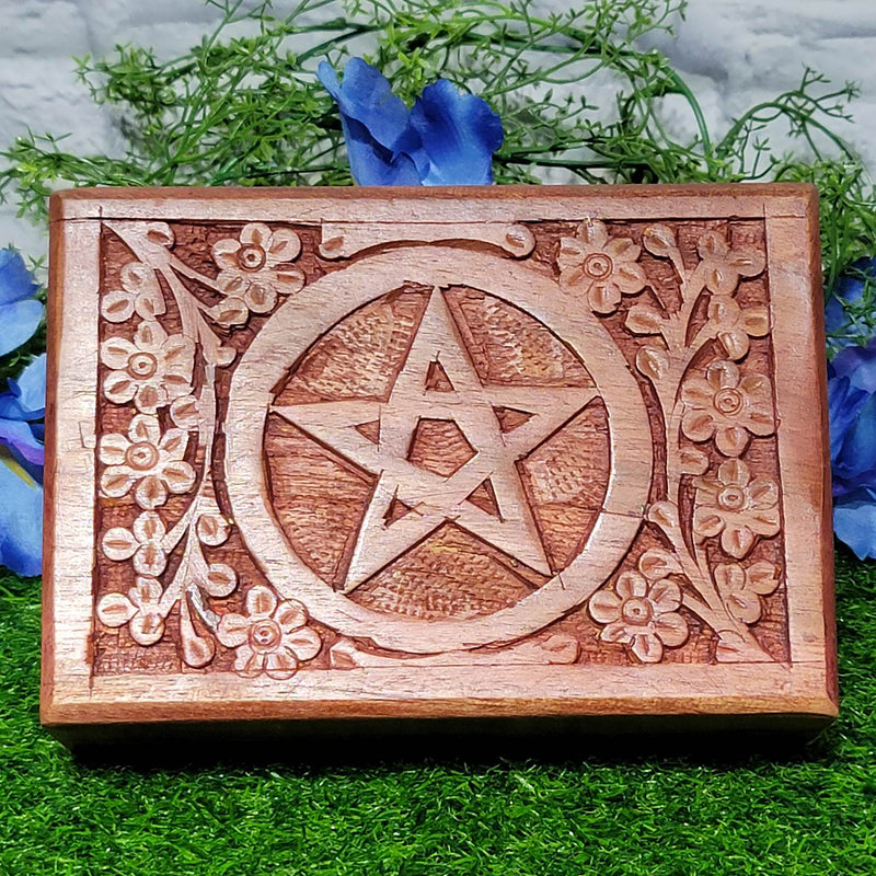 Wood Lined Box - Carved Pentacle 5" x 7"