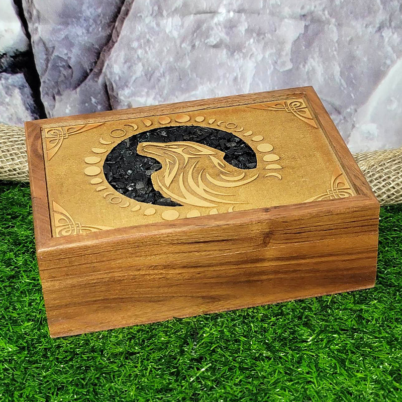 Boîte doublée de bois - Loup avec incrustation d'onyx noir 5" x 7"