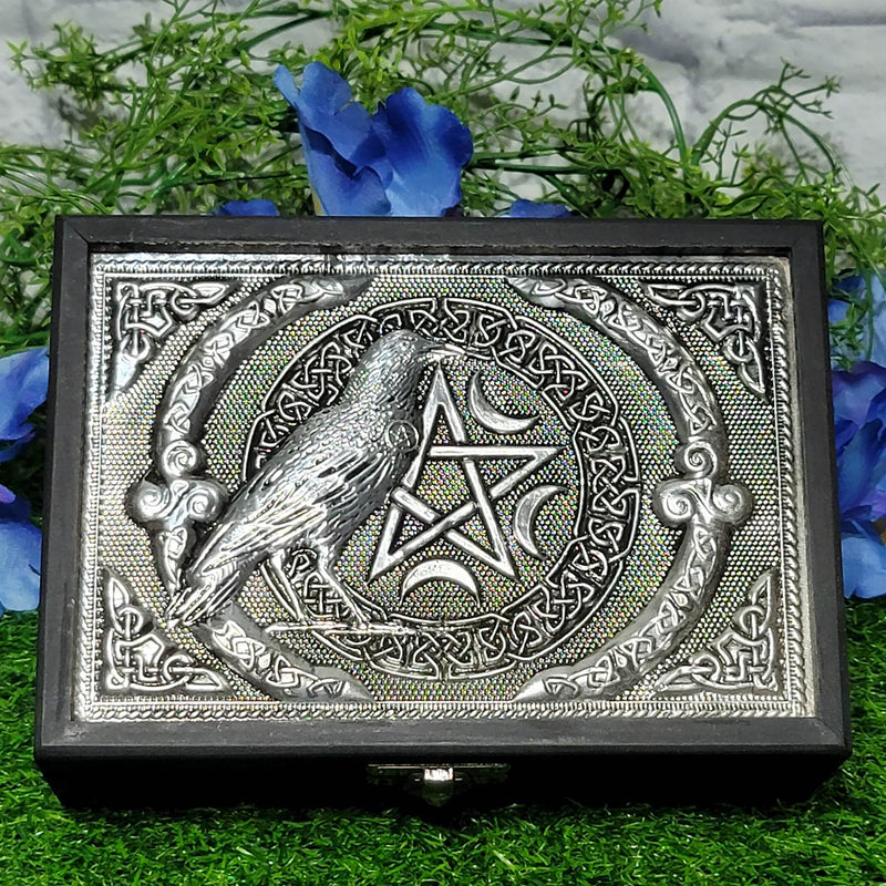 Wood Lined Box with Metal Top - Raven and Pentacle 5" x 7"